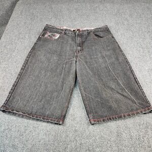 Red Ape Mens Black Denim Shorts 38 Baggy Red Contrast Stitch Plaid Trim Y2Kp